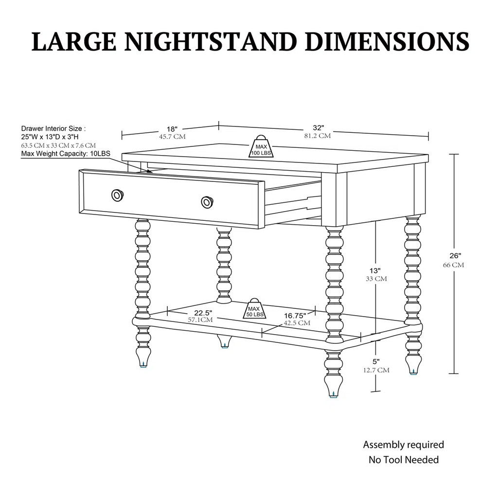 Beckett Large Turned Wood Spindle Nightstand with Drawer and Shelf