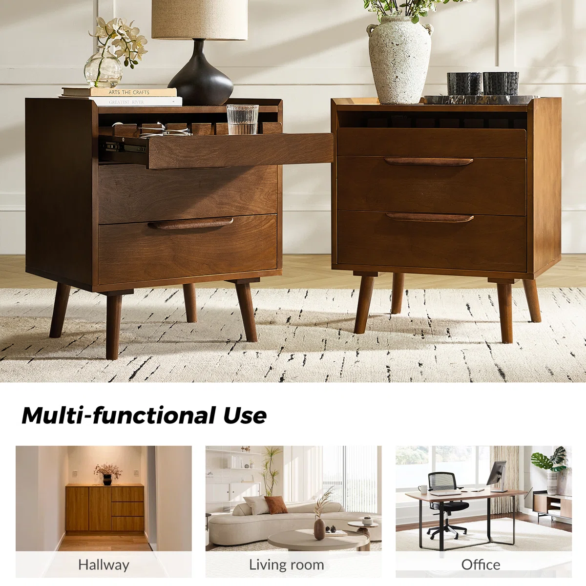 Sebrina Mid-century Modern 24''W 3-Drawer End Table with Charging Station and Solid Wood Legs
