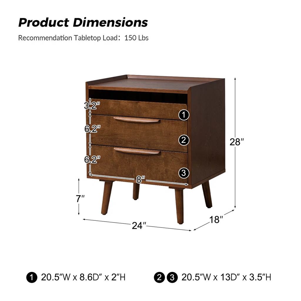 Sebrina Mid-century Modern 24''W 3-Drawer End Table with Charging Station and Solid Wood Legs