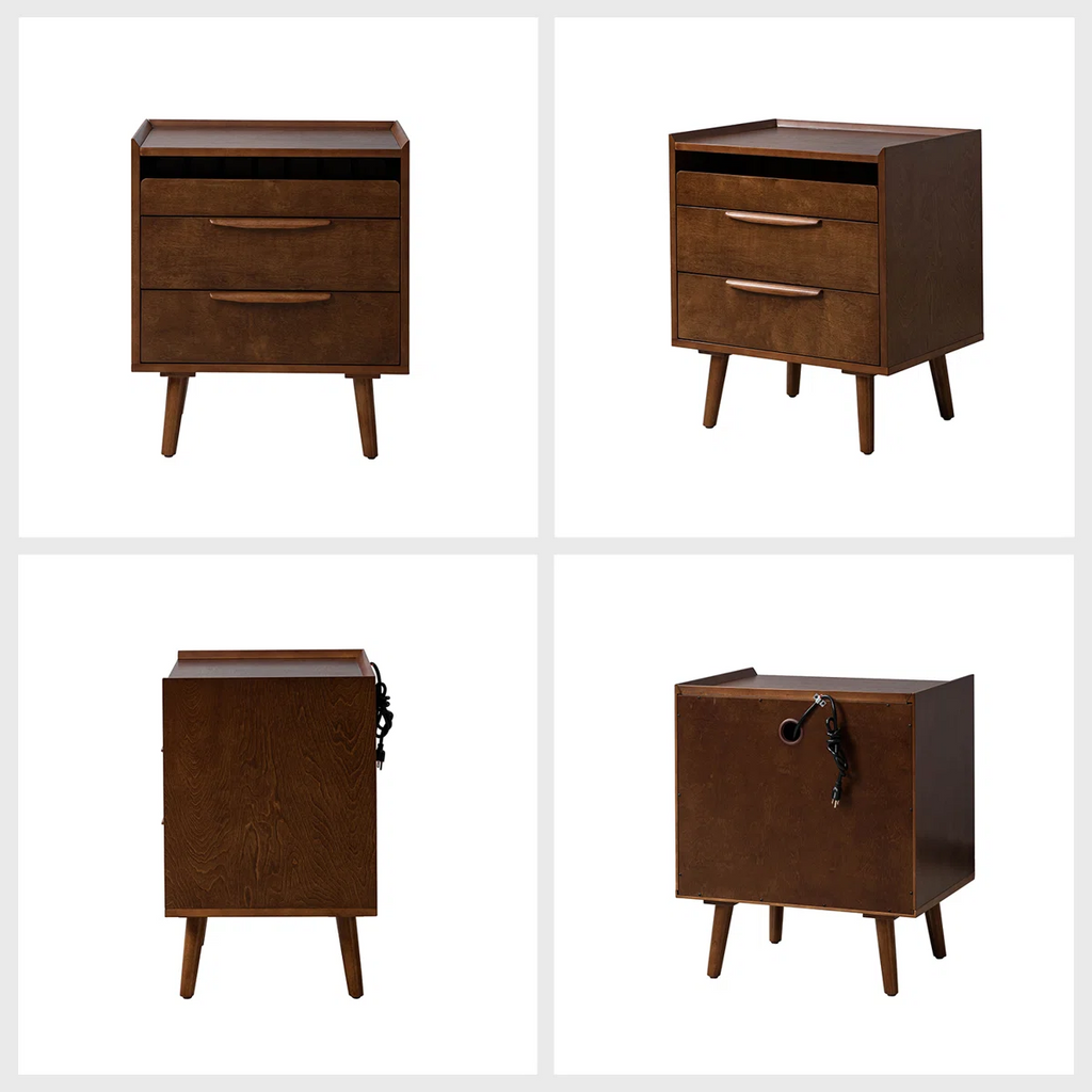 Sebrina Mid-century Modern 24''W 3-Drawer End Table with Charging Station and Solid Wood Legs