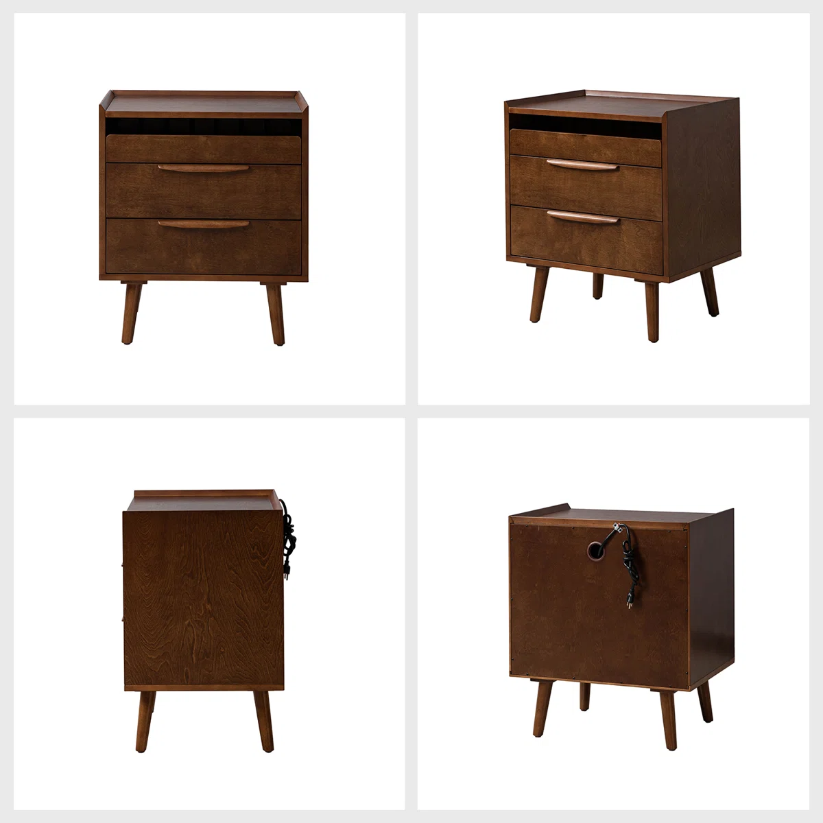 Sebrina Mid-century Modern 24''W 3-Drawer End Table with Charging Station and Solid Wood Legs