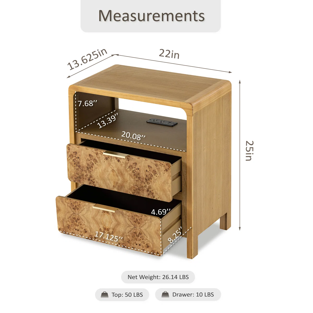 Manish 2 Drawer Nightstand With Charging Station
