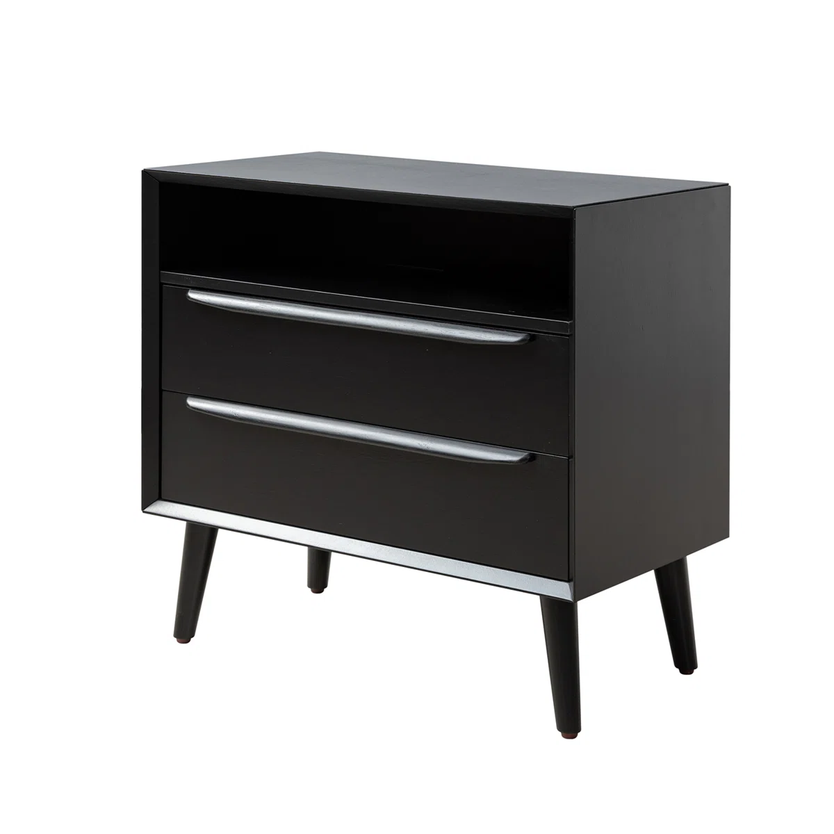 Aviannah Midcentury Modern 28''W 2-Drawer Nightstand with Charging Station and Solid Wood Legs and Open Shelf
