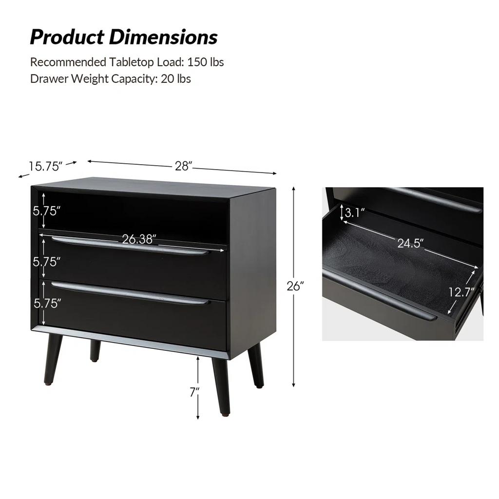 Aviannah Midcentury Modern 28''W 2-Drawer Nightstand with Charging Station and Solid Wood Legs and Open Shelf