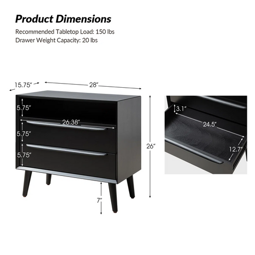 Aviannah Midcentury Modern 28''W 2-Drawer Nightstand with Charging Station and Solid Wood Legs and Open Shelf