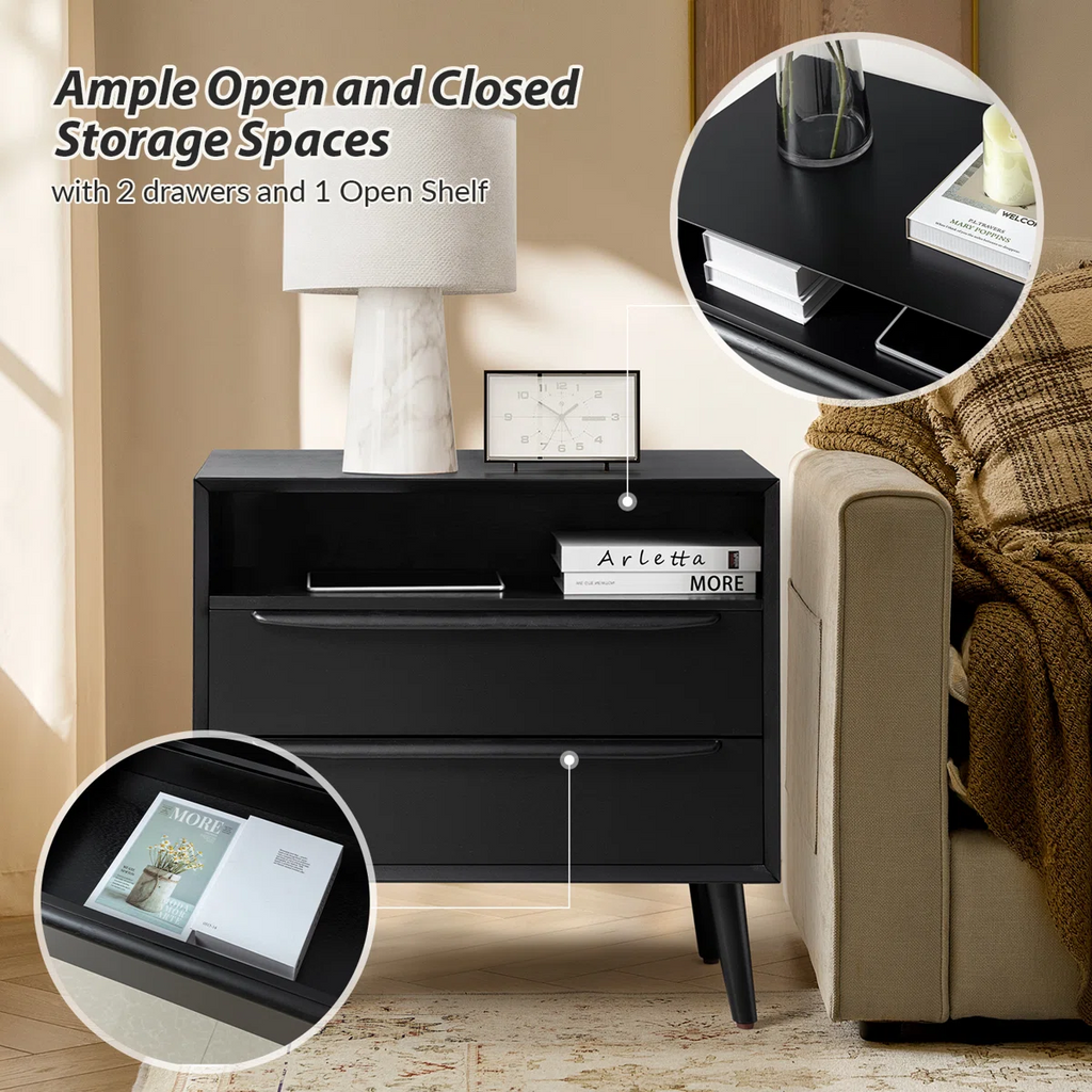 Aviannah Midcentury Modern 28''W 2-Drawer Nightstand with Charging Station and Solid Wood Legs and Open Shelf