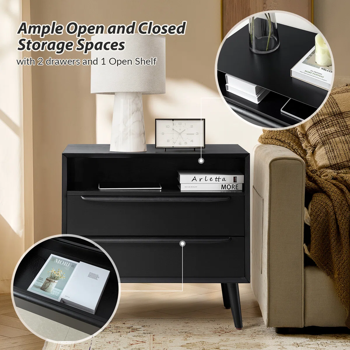 Aviannah Midcentury Modern 28''W 2-Drawer Nightstand with Charging Station and Solid Wood Legs and Open Shelf