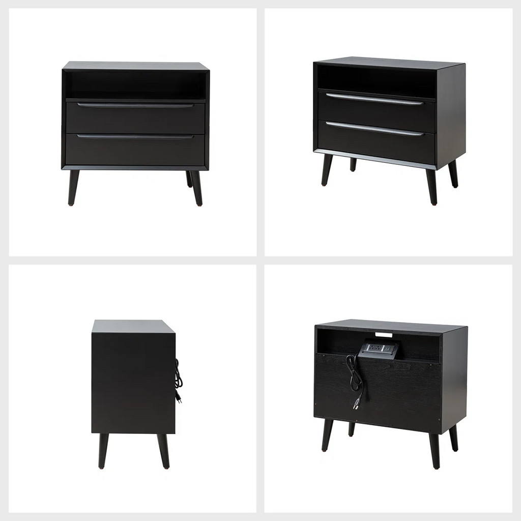 Aviannah Midcentury Modern 28''W 2-Drawer Nightstand with Charging Station and Solid Wood Legs and Open Shelf